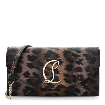 CHRISTIAN LOUBOUTIN Calfskin Kitty Print Loubi54 Crossbody Clutch Brown Gold