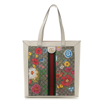 GUCCI GG Supreme Monogram Flora Web Ophidia Vertical Shopping Tote White