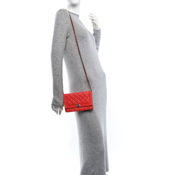 CHANEL Lambskin Quilted Boy Wallet On Chain WOC Red