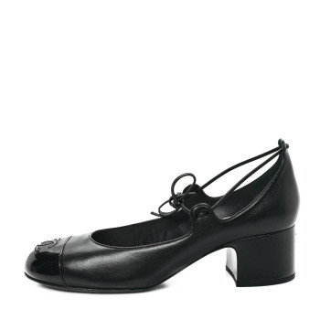 CHANEL Lambskin Patent Cap Toe CC Mary Jane Pumps 39 Black