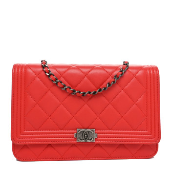 CHANEL Lambskin Quilted Boy Wallet On Chain WOC Red