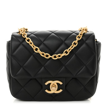 CHANEL Lambskin Enamel Pearl Quilted Mini Charm Me Square Flap Black