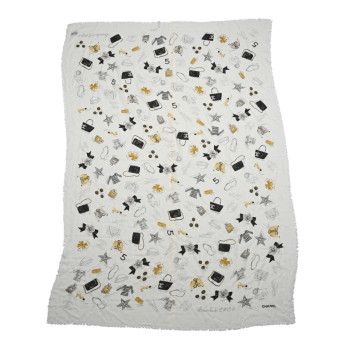CHANEL Cashmere Logo Icon Shawl Ivory Multicolor
