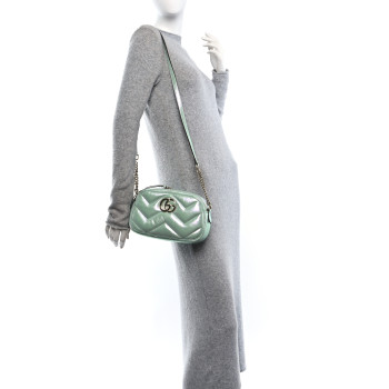 GUCCI Iridescent Nappa Chevron Matelasse Small GG Marmont Chain Shoulder Bag Iridescent Salvy Green