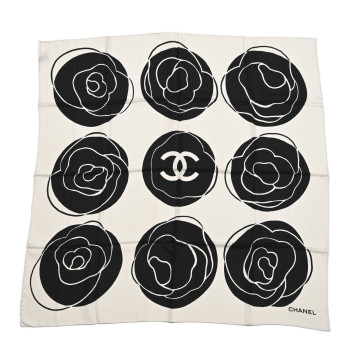 CHANEL Silk CC Camellia Scarf Black White