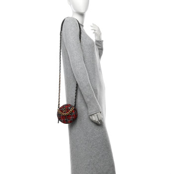 CHANEL Tweed Quilted Chanel 19 Round Clutch With Chain  Red Black White Green