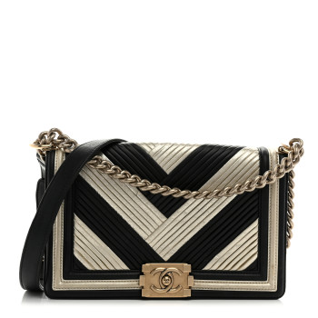 CHANEL Metallic Calfskin Pleated Medium Boy In Rome Flap Black Gold