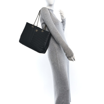 CHANEL Caviar Chevron Quilted Large Shopping Tote Black