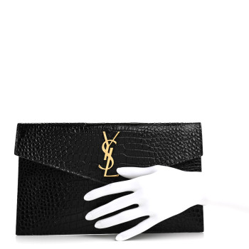 SAINT LAURENT Calfskin Crocodile Embossed Uptown Monogram Pouch Black