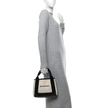 BALENCIAGA Cotton Canvas Calfskin Navy Cabas XS Natural Black