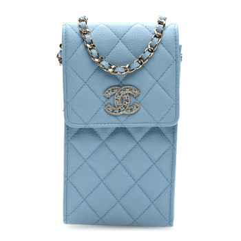 CHANEL Caviar Quilted Crystal CC Phone Case With Chain Light Blue