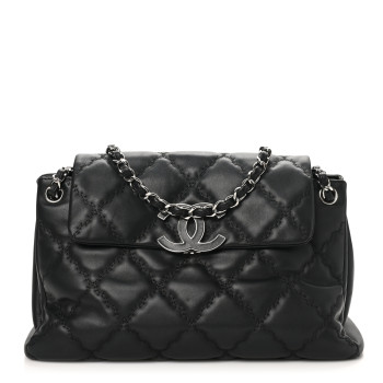 CHANEL Calfskin Double Stitch Large Hamptons Flap Bag Black