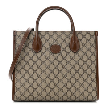 GUCCI GG Supreme Monogram Azalea Calfskin Small Retro Interlocking G Tote Bag Beige Ebony Brown Sugar