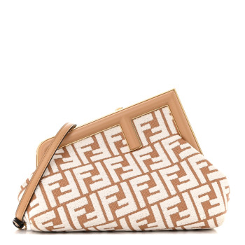FENDI Raffia Chenille Shiny Nappa FF 1974 Small Fendi First Natural White Miele Scuro