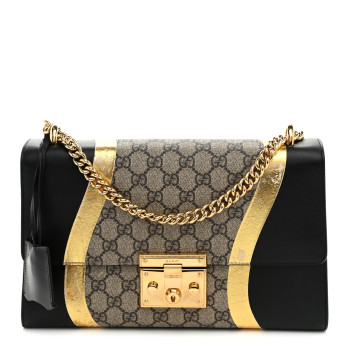GUCCI Calfskin GG Supreme Monogram Medium Padlock Shoulder Bag Black Gold