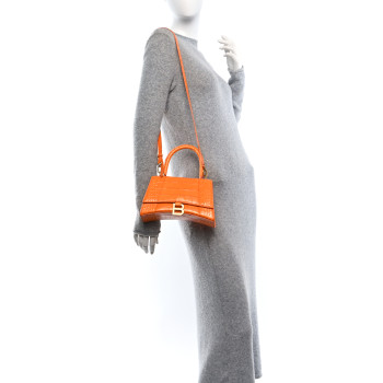 BALENCIAGA Shiny Calfskin Crocodile Embossed Small Hourglass Top Handle Bag Orange