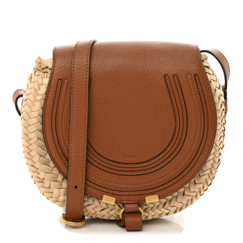 CHLOE Raffia Small Grain Calfskin Small Marcie Basket Crossbody Tan