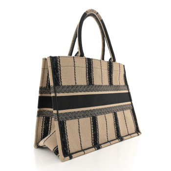 CHRISTIAN DIOR Canvas Embroidered Medium Bayadere Book Tote Black Beige