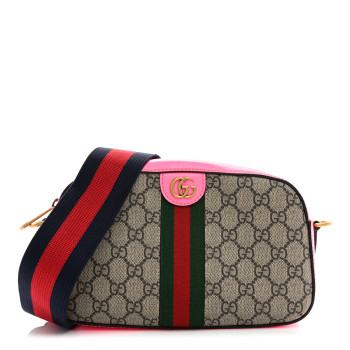 GUCCI GG Supreme Monogram Textured Dollar Calfskin Web Ophidia Small Crossbody Bag Beige Ebony Fuchsia