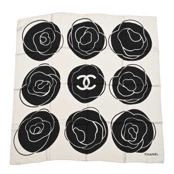CHANEL Silk CC Camellia Scarf Black White