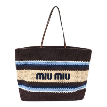 MIU MIU Raffia Effect Crochet Large Woven Tote Cocoa Brown Celeste Natural