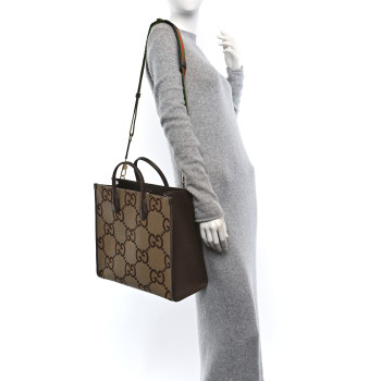 GUCCI Monogram Jumbo GG Textured Dollar Calfskin Web Tote Bag Camel Ebony New Acero