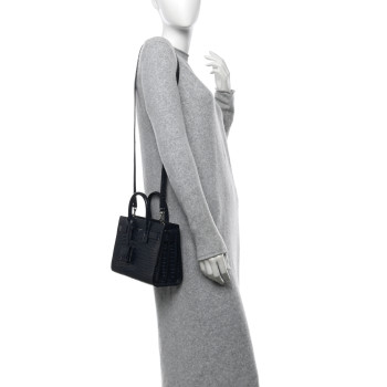 SAINT LAURENT Calfskin Crocodile Embossed Nano Sac De Jour Navy