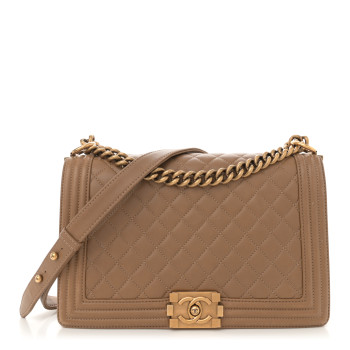 CHANEL Lambskin Quilted New Medium Boy Flap Dark Beige