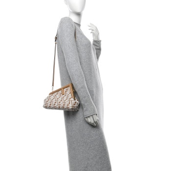 FENDI Raffia Chenille Shiny Nappa FF 1974 Small Fendi First Natural White Miele Scuro