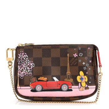LOUIS VUITTON Damier Ebene 2019 Christmas Animation Mini Pochette Accessories Red