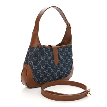 GUCCI New Denim GG Monogram Calfskin Small Jackie 1961 Hobo Blue Tea Cuir