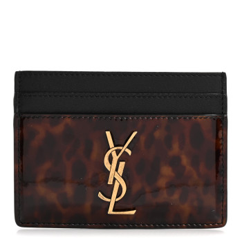SAINT LAURENT Patent Monogram Credit Card Case Tortoiseshell