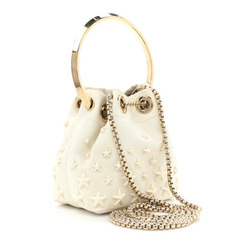 JIMMY CHOO Goatskin Micro Star Studded Bon Bon Bucket Bag White