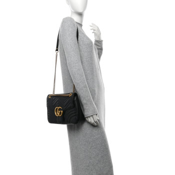GUCCI Calfskin Matelasse Medium GG Marmont Shoulder Bag Black