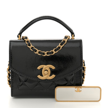 CHANEL Shiny Lambskin Quilted Top Handle Card Holder On Chain Black