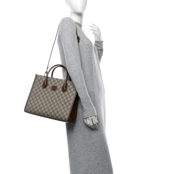 GUCCI GG Supreme Monogram Azalea Calfskin Small Retro Interlocking G Tote Bag Beige Ebony Brown Sugar