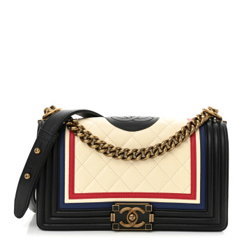 CHANEL Lambskin Quilted Crest Embellished Medium Boy Flap Black White Blue