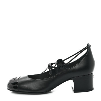 CHANEL Lambskin Patent Cap Toe CC Mary Jane Pumps 37.5 Black