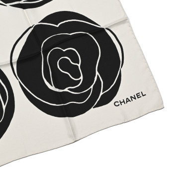 CHANEL Silk CC Camellia Scarf Black White