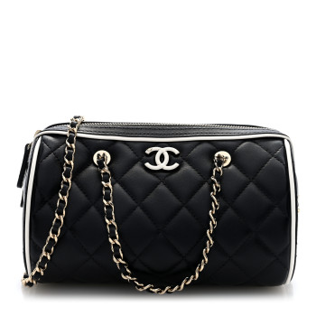 CHANEL Lambskin Quilted Resin CC Mini Bowling Clutch With Chain Black White