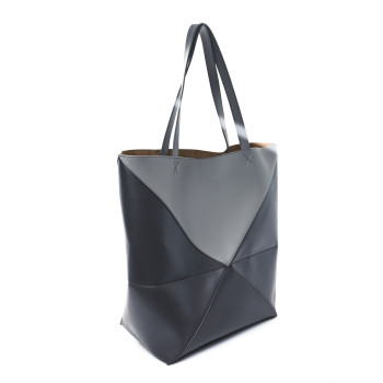 LOEWE Shiny Calfskin Large Puzzle Fold Tote  Pearl Grey Dark Grey
