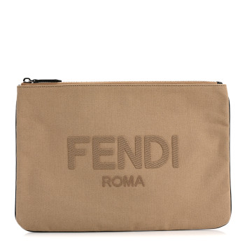 FENDI Cotton Canvas Vitello Grace Light Logo Pouch Beige
