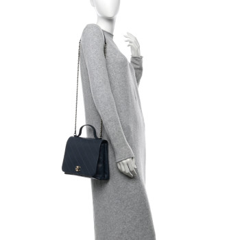 CHANEL Calfskin Quilted Double Pocket Top Handle Flap Blue