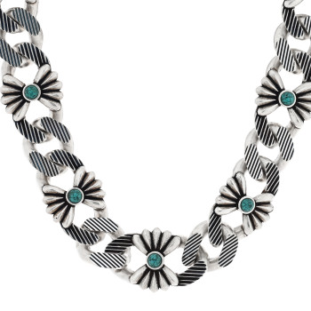 GUCCI Sterling Silver Resin Flower Link Collar Necklace Turquoise