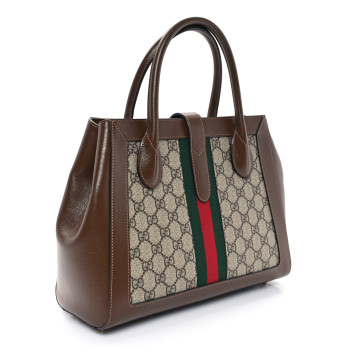 GUCCI GG Supreme Monogram Azalea Calfskin Web Medium Jackie 1961 Tote Beige Ebony Brown Sugar