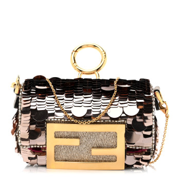 FENDI Sequin Paillettes Shiny Nappa Sex and the City Nano Maxi Buckle Baguette Charm Tortora