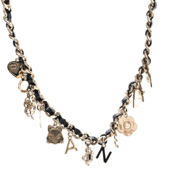 CHANEL Lambskin Crystal CC Logo Charming Necklace Gold Black