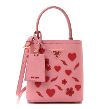 PRADA Saffiano City Calf Heart & Flower Small Panier Bucket Bag  Pink Red