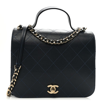 CHANEL Calfskin Quilted Double Pocket Top Handle Flap Blue