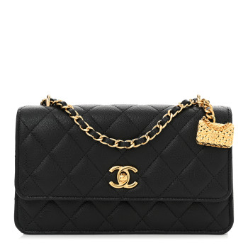 CHANEL Shiny Caviar Quilted Flap Charm Wallet On Chain WOC Black CHANEL Shiny Caviar Quilted Flap Charm Wallet On Chain WOC Black